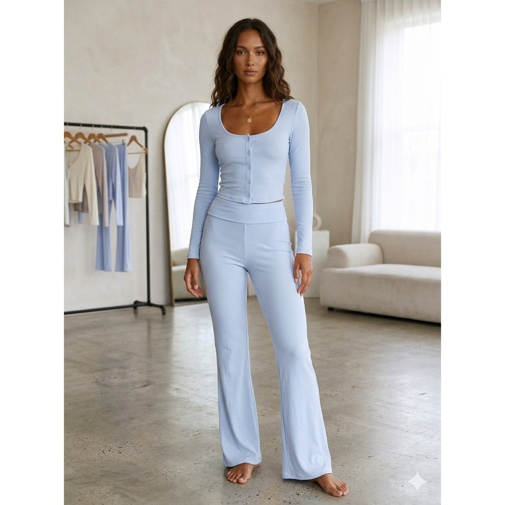 Aerie Light Blue Lounge Set Cropped Cardigan and Flare Pants Small Medium